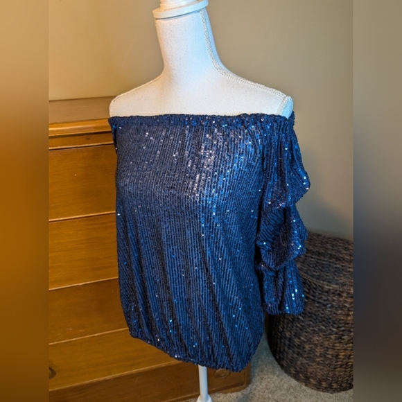 CeCe Sequined Blouse Women's Small Navy  Blouson Tiered Sleeve NWT - Picture 11 of 15
